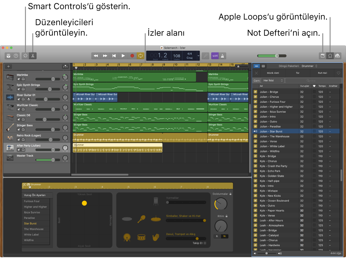 Smart Controls’e, Düzenleyiciler’e, Notlar’a ve Apple Loops’a erişim düğmelerini gösteren bir GarageBand penceresi. Ayrıca, izler görüntüsünü gösterir.