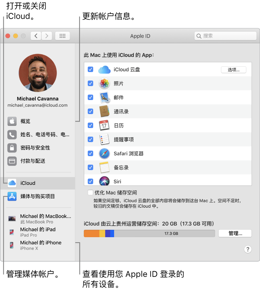 “系统偏好设置”的“Apple ID”面板。点按边栏中的一项以更新帐户信息，打开或关闭 iCloud，管理媒体帐户，或者查看使用您 Apple ID 登录的所有设备。