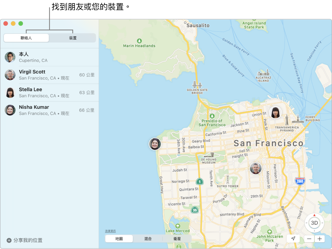 您可以按一下「成員」或「裝置」標籤頁來找到您的朋友和裝置。舊金山的地圖，其中含有三位朋友的位置：Virgil Scott、Stella Lee 和 Nisha Kumar。