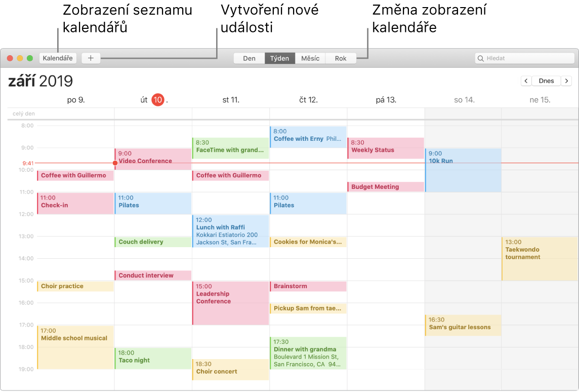 Okno aplikace Kalendář s popisky ukazujícími, kde můžete přidat událost, zobrazit seznam kalendářů nebo vybrat zobrazení Den, Týden, Měsíc či Rok