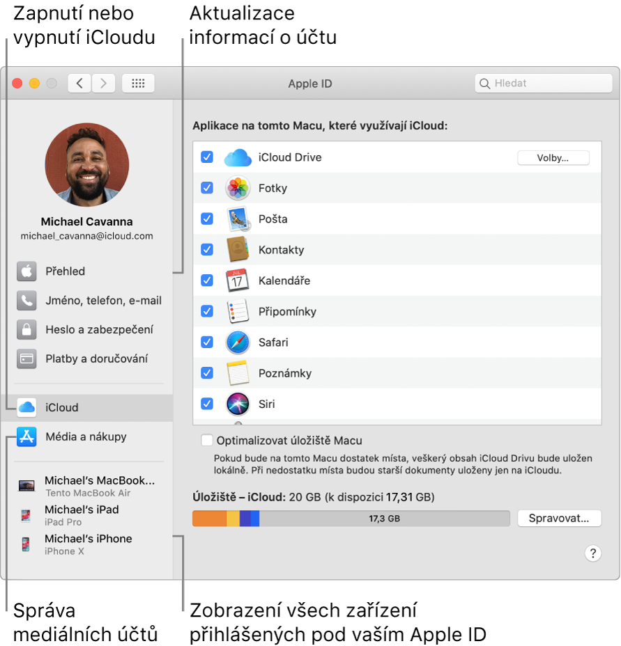 Panel Apple ID v Předvolbách systému. Po kliknutí na různé položky na bočním panelu můžete aktualizovat údaje o svém účtu, zapnout nebo vypnout iCloud, spravovat mediální účty nebo zobrazit všechna zařízení přihlášená pod vaším Apple ID.