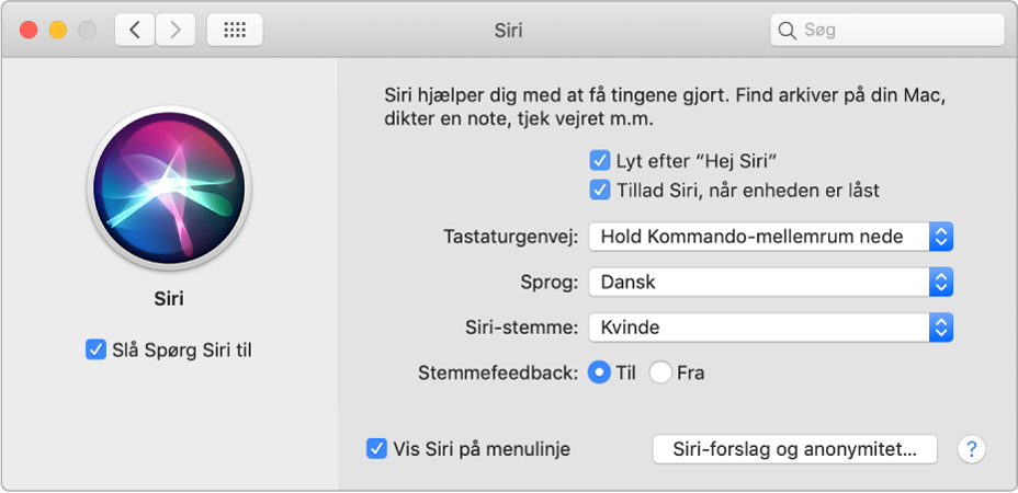 Vinduet med Siri-indstillinger med Slå Spørg Siri til valgt til venstre og flere muligheder til tilpasning af Siri til højre, herunder “Lyt efter ‘Hej Siri’”.