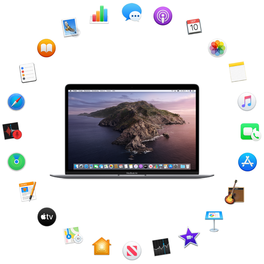 Ein MacBook Air umgeben von Symbolen der Apps, die im Lieferumfang enthalten sind und in den folgenden Abschnitten beschrieben werden.