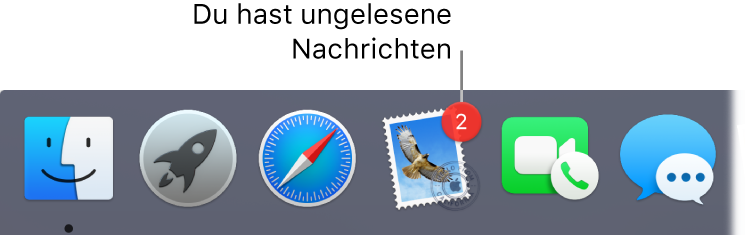 Abschnitt im Dock mit dem App-Symbol „Mail“, das mit einem Kennzeichen versehen ist, um auf ungelesene Mails hinzuweisen.