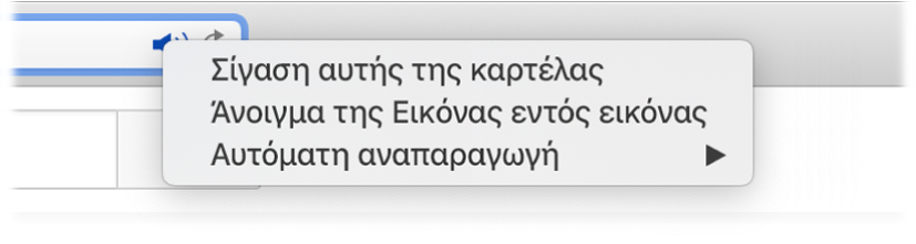 Το υπομενού για το εικονίδιο Ήχου, με τα στοιχεία «Σίγαση αυτής της καρτέλας», «Άνοιγμα της Εικόνας εντός εικόνας» και «Αυτόματη αναπαραγωγή».