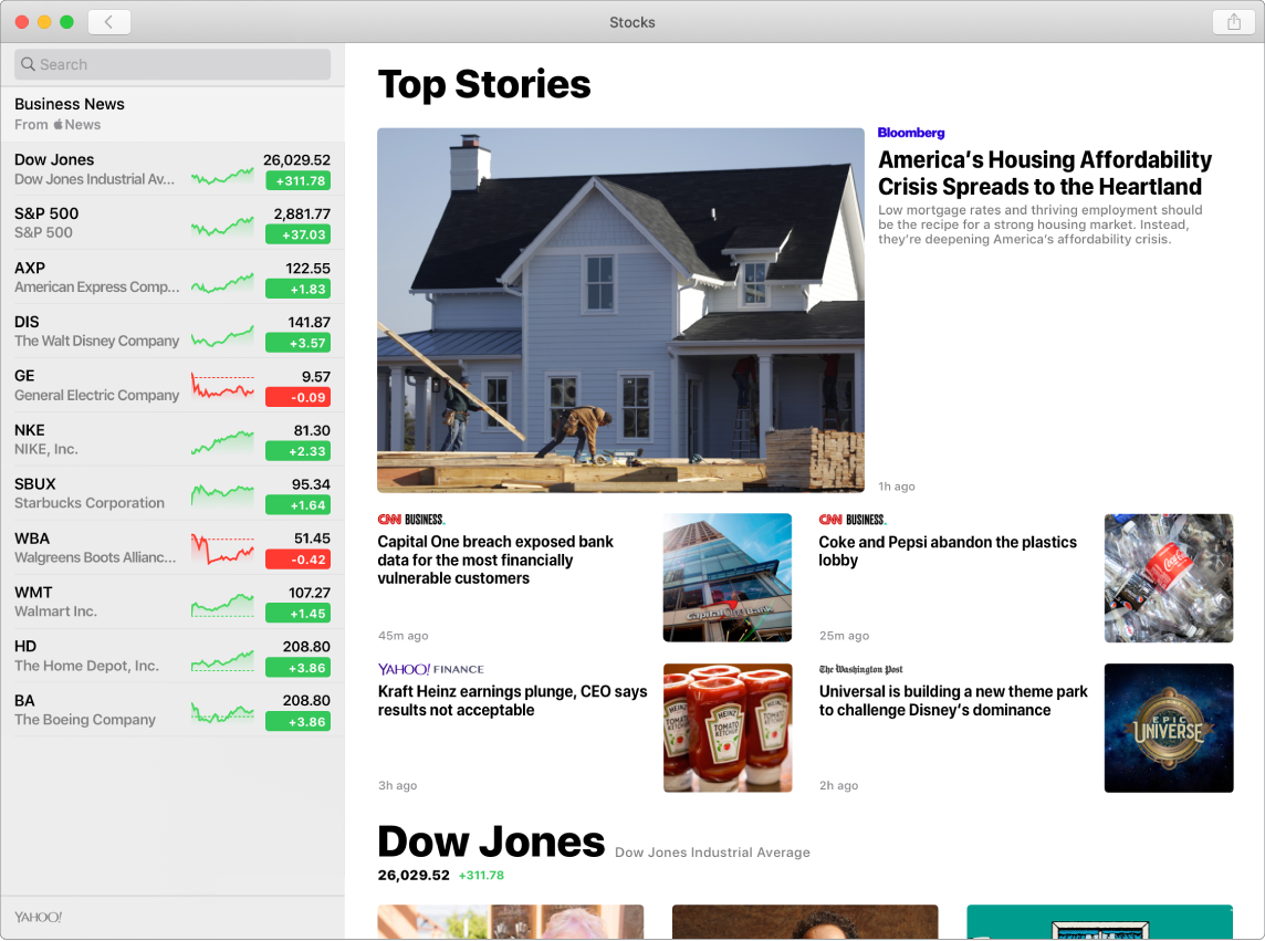 The Stocks dashboard showing market prices in a watchlist with accompanying Top Stories.