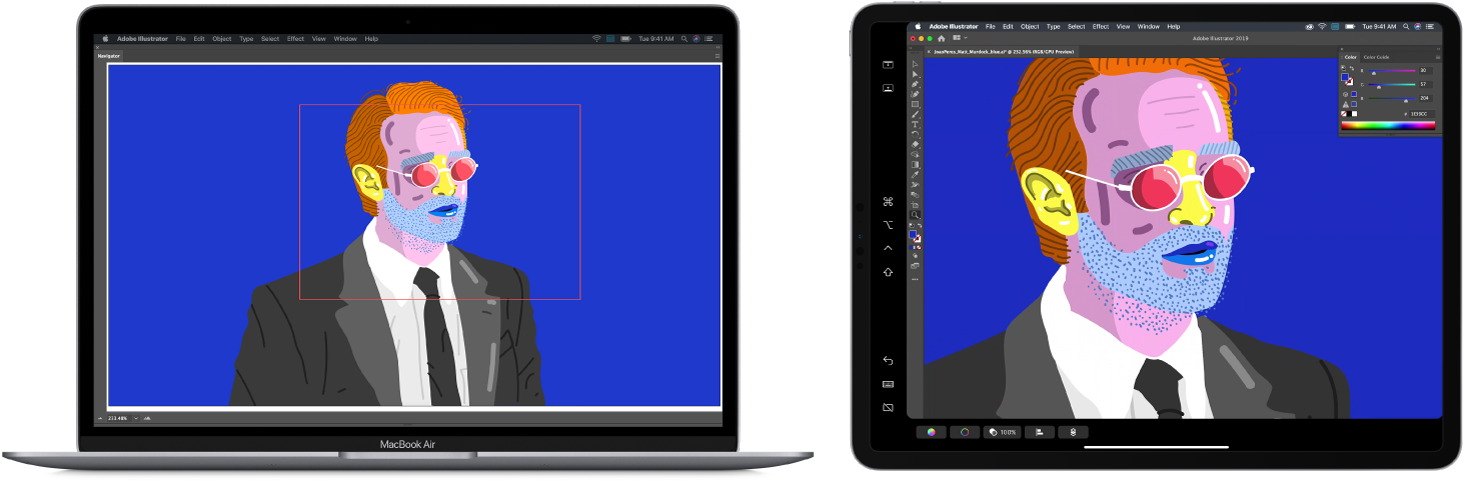 A MacBook Air and an iPad sit side by side. The MacBook Air shows art within the navigator window of Illustrator. The iPad shows the same art in the document window of Illustrator, surrounded by toolbars.