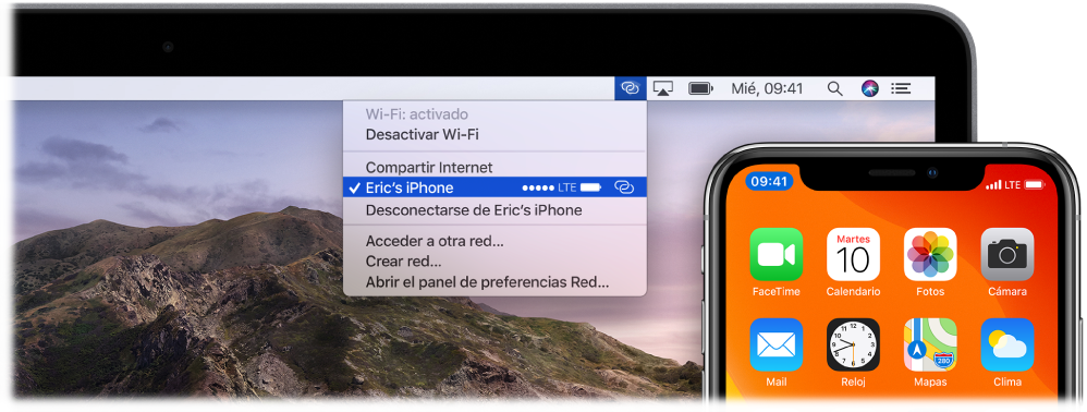 Pantalla de la Mac con el menú Wi-Fi mostrando una conexión de Compartir Internet con un iPhone.