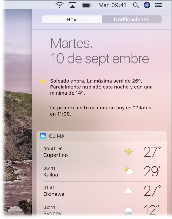 Una pantalla mostrando una parte del escritorio con el centro de notificaciones abierto y la pestaña Hoy seleccionada.