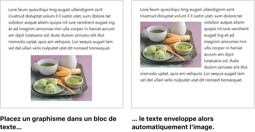Fenêtre de Pages montrant du texte enveloppant des éléments graphiques.