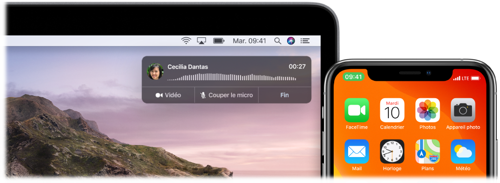 Écran d’un Mac affichant la fenêtre de notification d’appel en haut à droite, et un iPhone indiquant qu’un appel est en cours à travers le Mac.