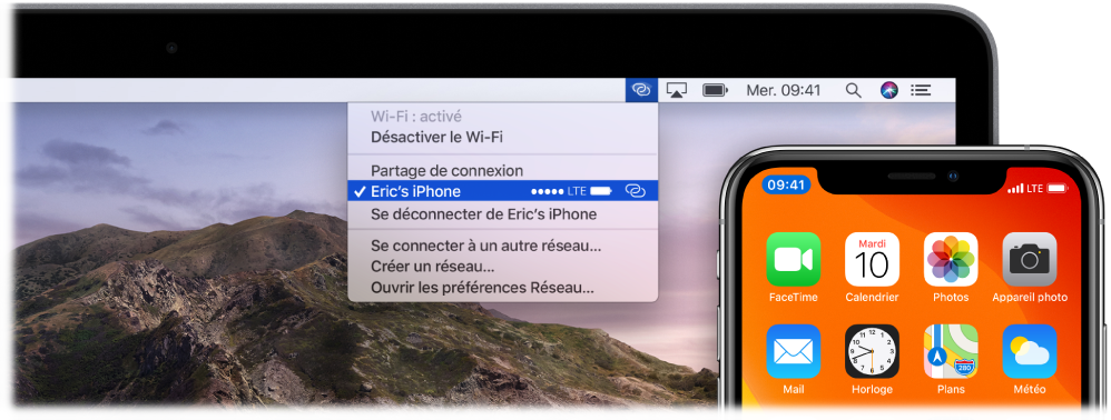 Écran du Mac avec le menu Wi-Fi affichant un Partage de connexion connecté à un iPhone.