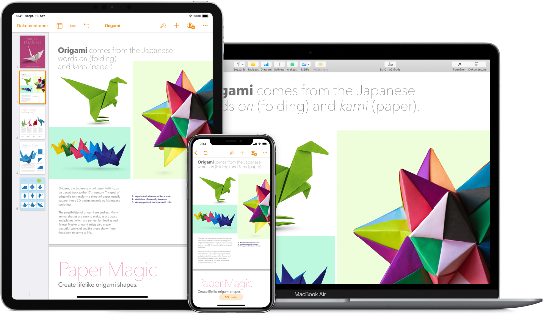 Ugyanaz a tartalom látható egy MacBook Air gépen, egy iPaden és egy iPhone-on.