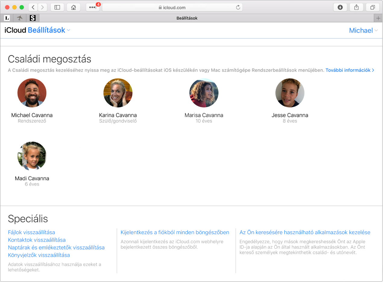 Egy Safari-ablak a Családi megosztás beállításaival az iCloud.com webhelyen.