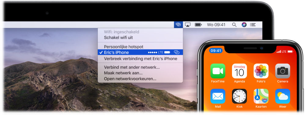 Het scherm van een Mac met het wifimenu met daarin een persoonlijke hotspot verbonden met een iPhone.