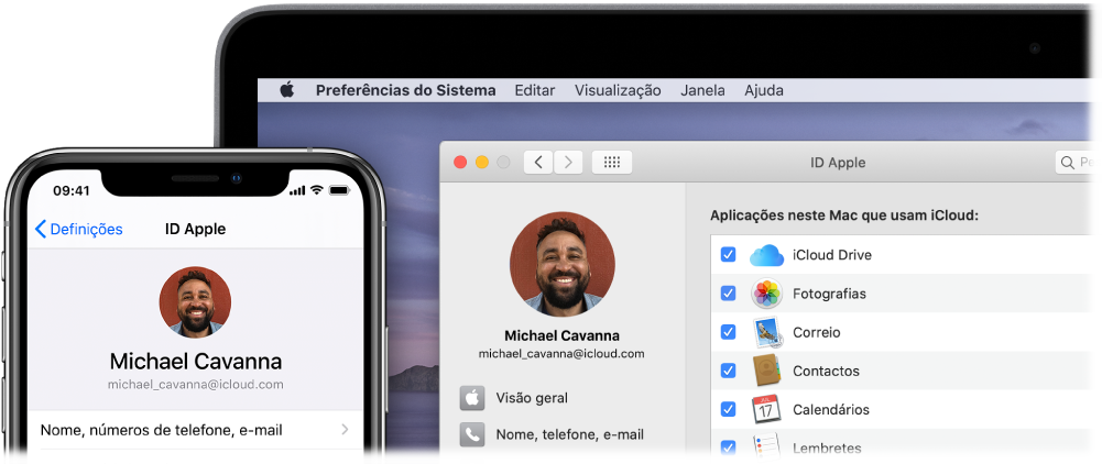 Um iPhone a mostrar as definições de iCloud e o ecrã de um Mac a mostrar a janela de iCloud.