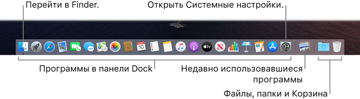 Панель Dock. Показаны значки Finder и Системных настроек, а также линия, отделяющая приложения от папок.