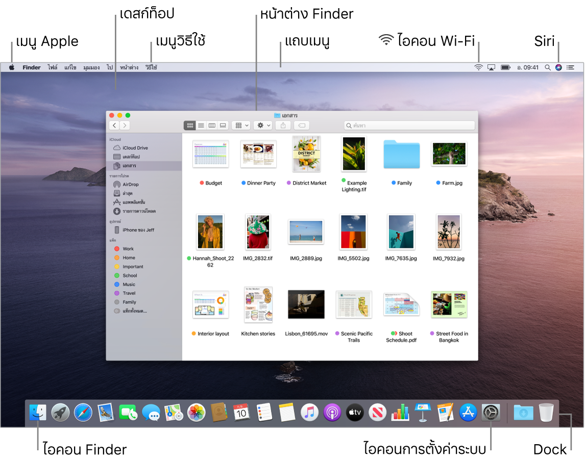 หน้าจอ Mac ที่แสดงเมนู Apple, เดสก์ท็อป, เมนูวิธีใช้, หน้าต่าง Finder, แถบเมนู, ไอคอน Wi-Fi, ไอคอนถาม Siri, ไอคอน Finder, ไอคอนการตั้งค่าระบบ และ Dock