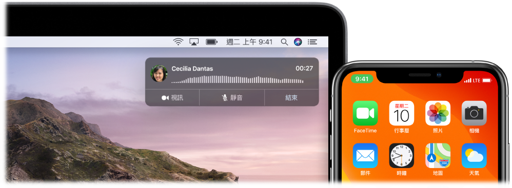 Mac 螢幕右上角顯示通話通知視窗，iPhone 顯示正在透過 Mac 進行通話。