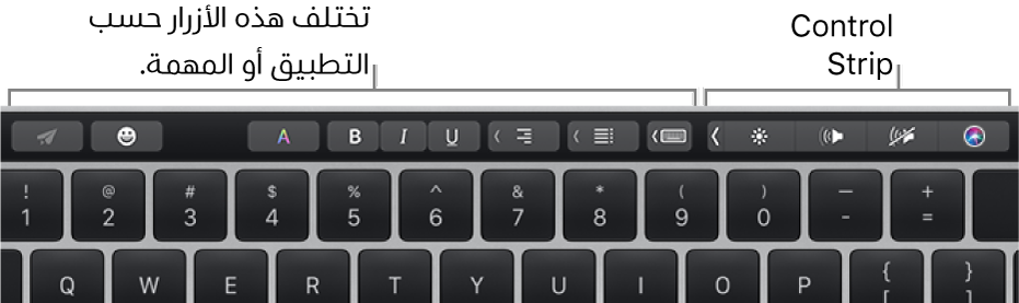 الـ Touch Bar وعليه أزرار تختلف حسب التطبيق أو المهمة على اليسار والـ Control Strip المطوي على اليمين.