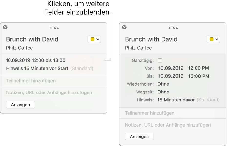 Infofenster für ein Ereignis mit ausgeblendeten Details (links) und Infofenster für dasselbe Ereignis mit Details zur Dauer (rechts)