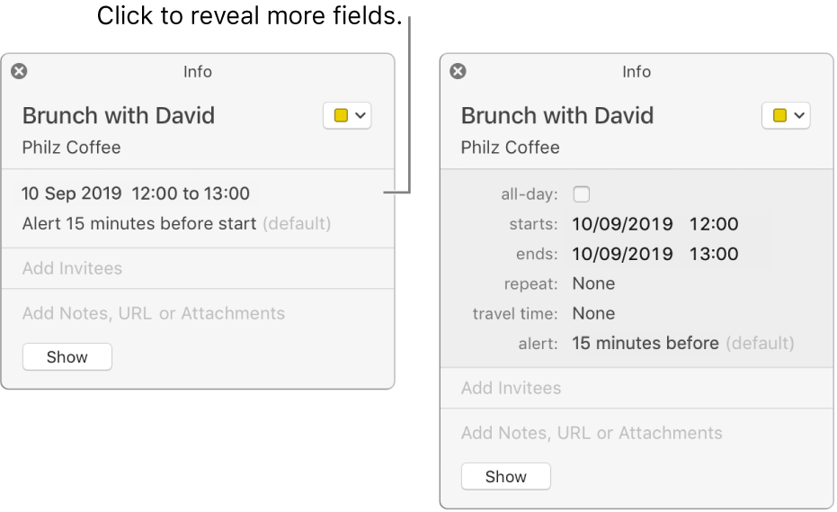 Info window for an event with details hidden (on the left), and the same event’s info window with duration details showing (on the right).