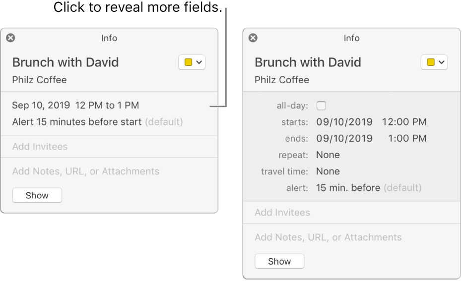 The image on the left shows an unexpanded Info window for an event. On the right, the Info window for the same event is expanded to show additional fields, such as starts, ends, repeat, and travel time.