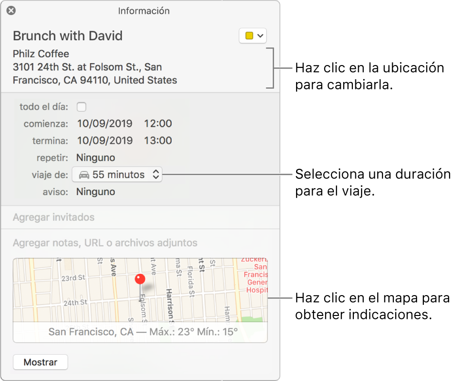 Ventana de información de un evento, con el puntero sobre el menú desplegable "Duración del viaje". Selecciona una duración de viaje en el menú desplegable. Haz clic en la ubicación para cambiarla. Haz clic en el mapa para obtener indicaciones