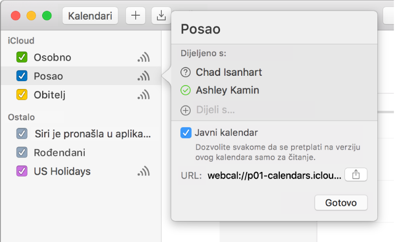 Dijeljenje prozora Postavke s dvoje pozvanih ljudi za dijeljenje i odabranom opcijom Javni Kalendar