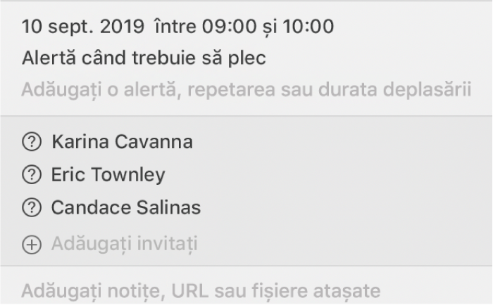 Fereastră de informații privind un eveniment, decupată pentru a se vedea doar invitații