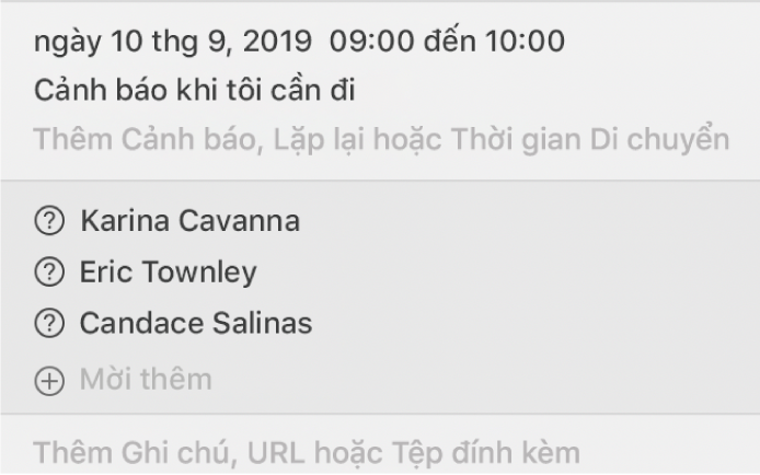 Cửa sổ thông tin cho sự kiện, được cắt xén để chỉ hiển thị người được mời