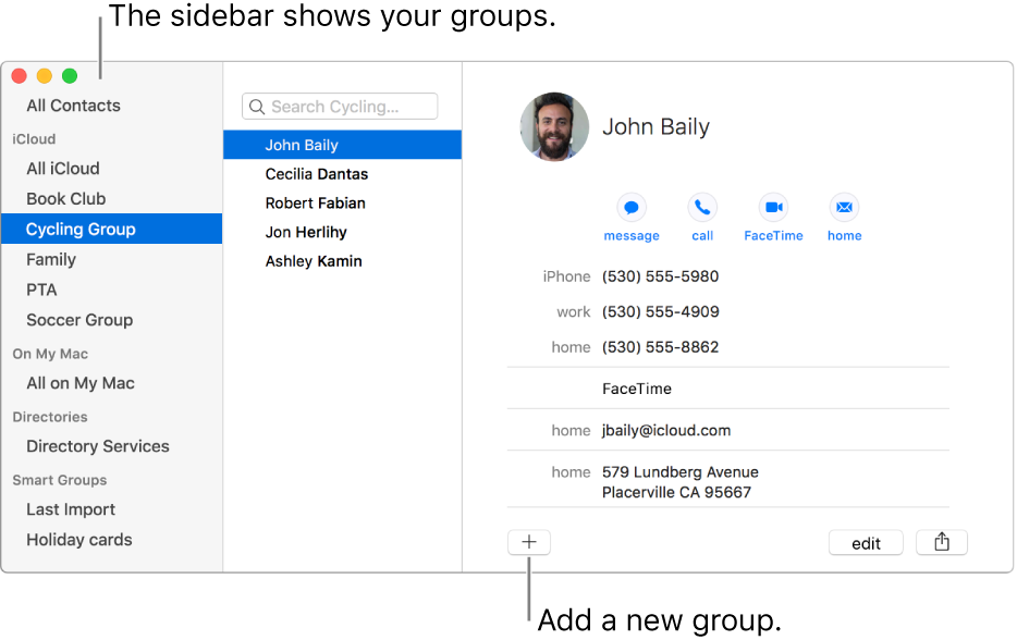 The Contacts window showing the sidebar with groups, such as Book Club and Cycling Group, and the button at the bottom of a contact card for adding a new group.