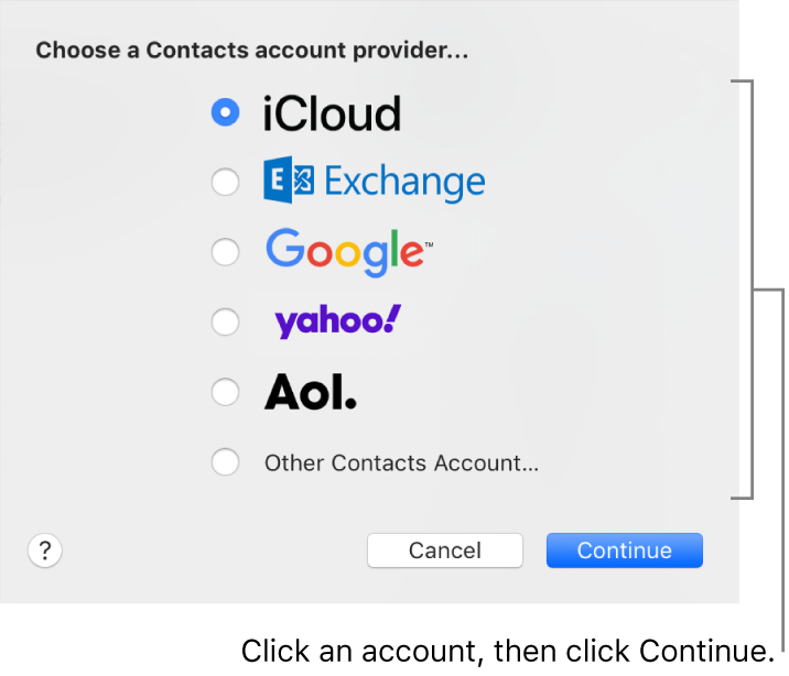 The window for adding internet accounts to the Contacts app.