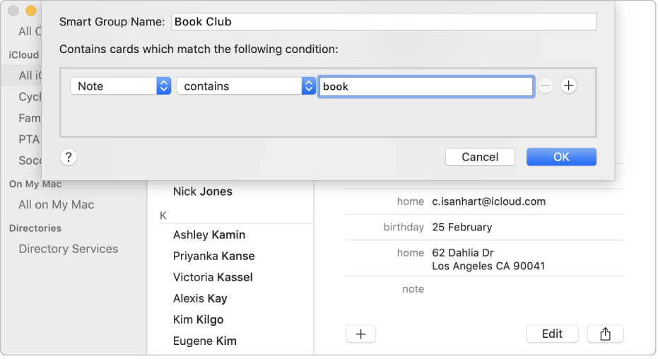 The window for adding a Smart Group, with a group named “Book Club” that includes contacts who have the word “book” in their Note field.