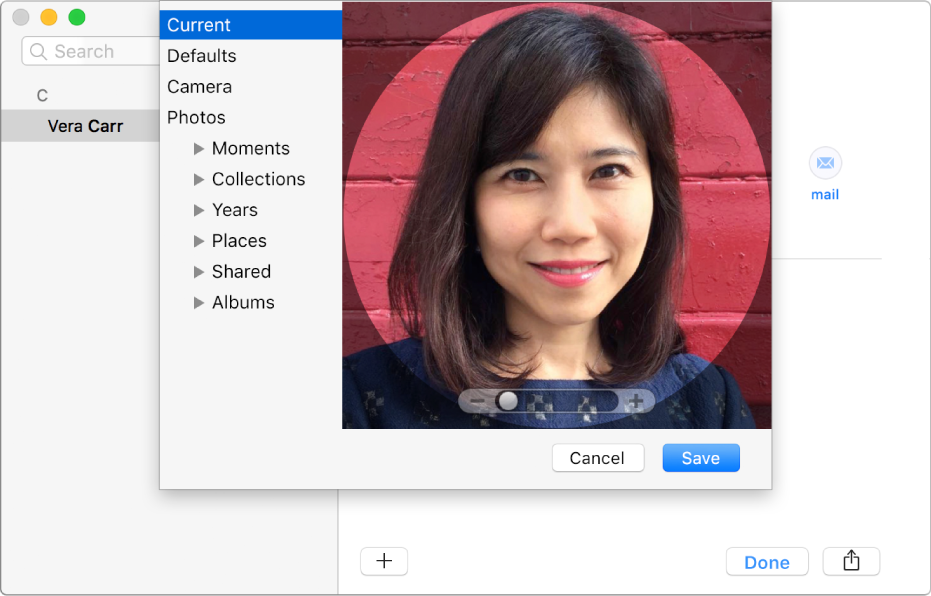 The window for adding or changing a contact’s picture: on the left is the list of sources, such as Defaults or Camera, and on the right is the current picture, with a slider for zooming the picture.