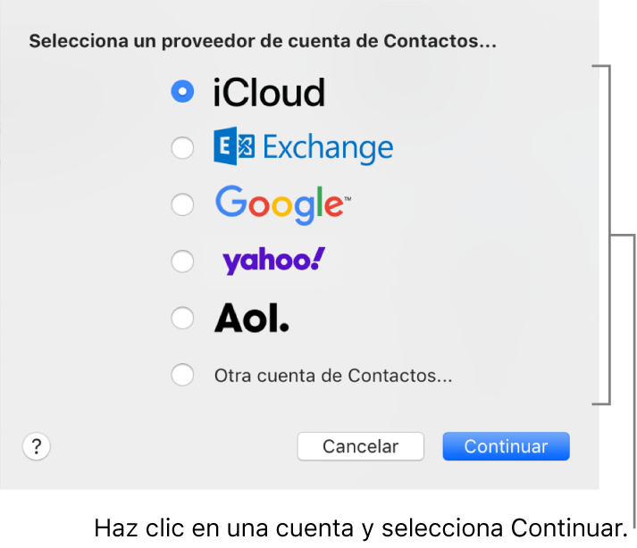 La ventana para agregar cuentas de Internet a la app Contactos.