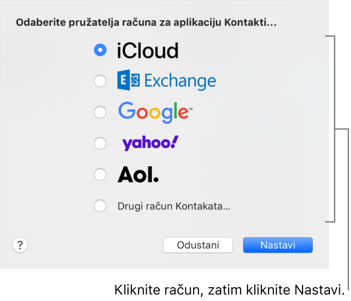 Prozor za dodavanje internetskih računa u aplikaciju Kontakti.