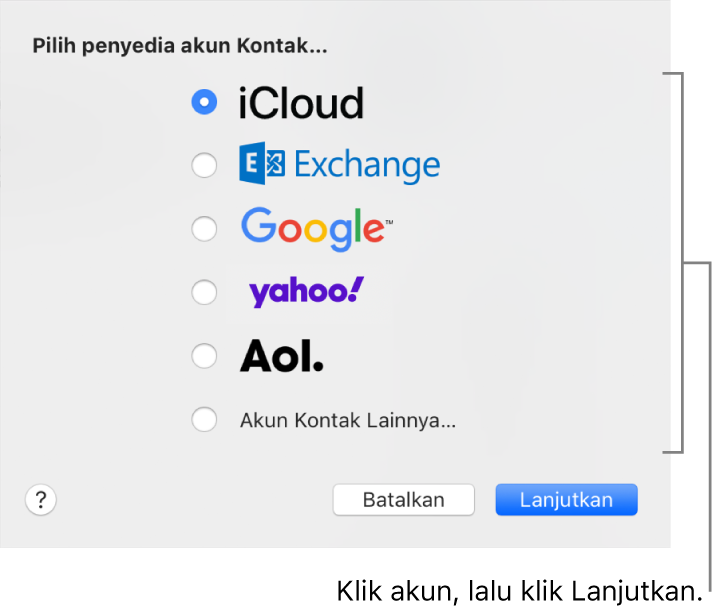 Jendela untuk menambahkan akun internet ke app Kontak.