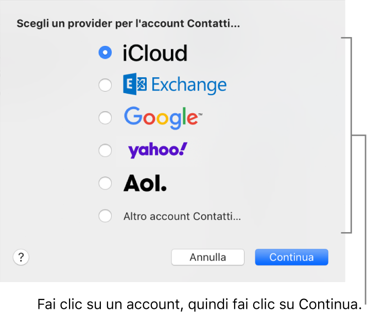 La finestra per aggiungere gli account internet all'app Contatti.