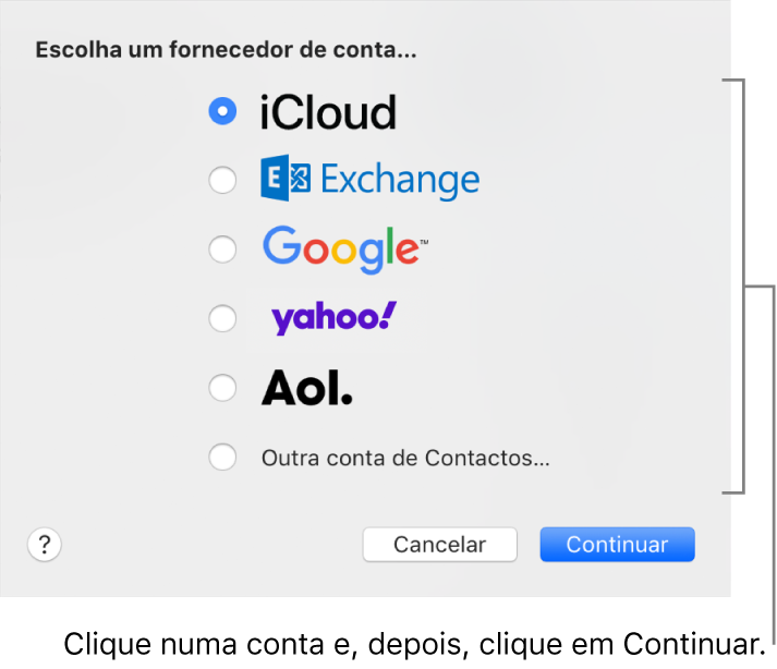 A janela para adicionar contas da Internet à aplicação Contactos.