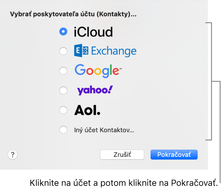 Okno na pridávanie internetových účtov do apky Kontakty.