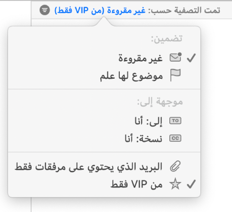 القائمة المنبثقة للفلاتر توضح ست فلاتر محتملة: غير مقروءة، وموضوع لها علم، وإلى: أنا، ونسخة: أنا، والبريد الذي يحتوي على مرفقات فقط، ومن VIP فقط.