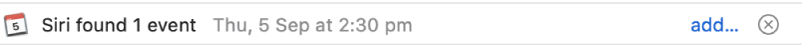 A banner below the message header in the preview area shows information about an event Siri found in the message. A link to add the event to Calendar is located at the right end.