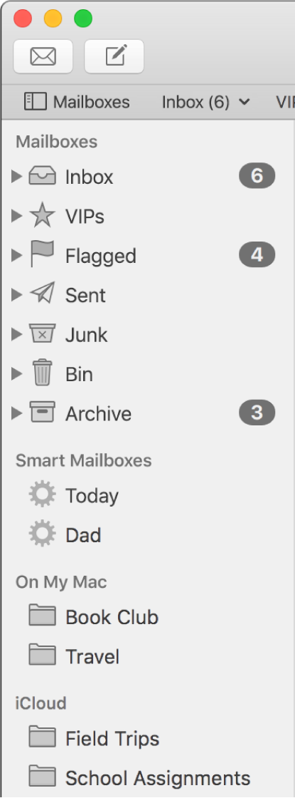 The Mail sidebar showing standard mailboxes (such as Inbox and Drafts) at the top of the sidebar and mailboxes you created in the On My Mac and iCloud sections.