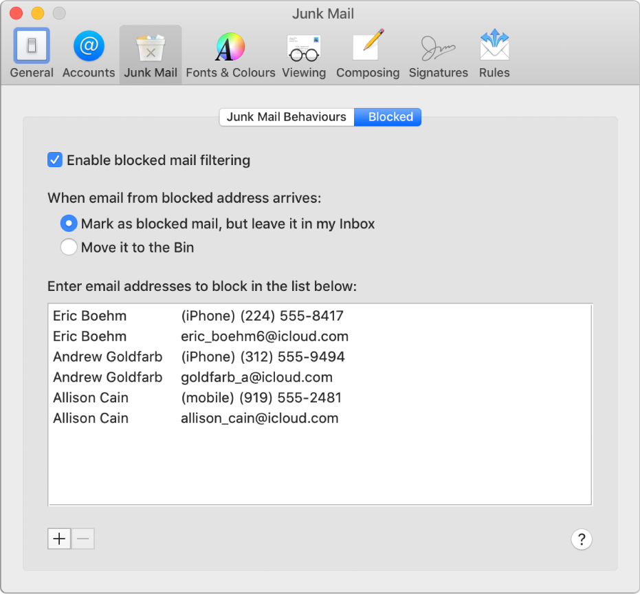 The Blocked preference pane showing a list of blocked senders. The tickbox to enable blocked mail filtering is selected, as is the option to mark blocked mail but leave it in the Inbox upon arrival.