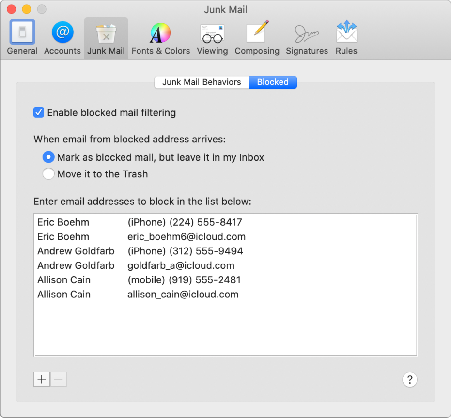 The Blocked preference pane showing a list of blocked senders. The checkbox to enable blocked mail filtering is selected, as is the option to mark blocked mail but leave it in the Inbox upon arrival.