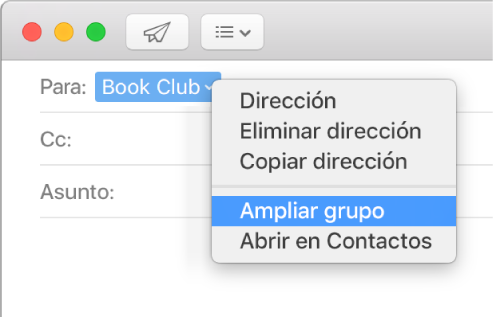 Un correo mostrando un grupo en el campo Para y el menú desplegable mostrando el comando "Ampliar grupo".