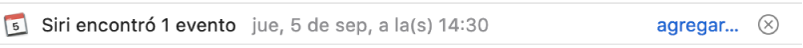 Se muestra información sobre un evento que Siri encontró en el mensaje en una tira debajo del encabezado de mensaje en el área de vista previa. En el extremo derecho se encuentra un enlace para agregar el evento a Calendario.