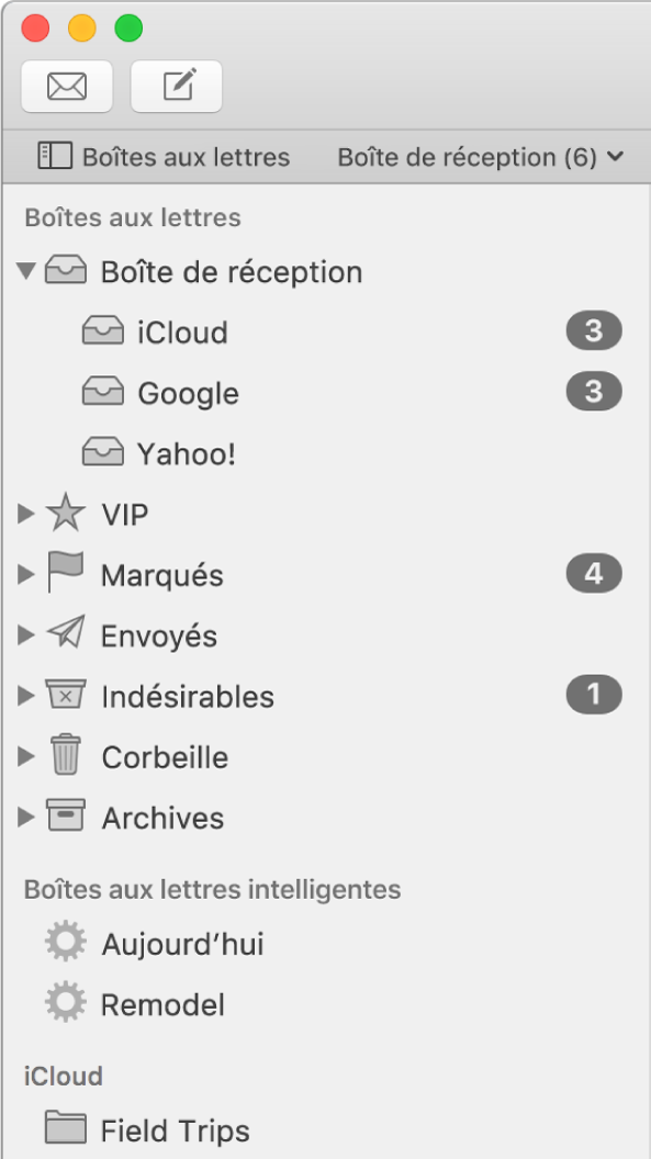 La barre latérale de Mail affichant plusieurs comptes et boîtes aux lettres. Le bouton Boîtes aux lettres (dans la barre des favoris) est situé au-dessus de la barre latérale. Cliquez dessus pour afficher ou masquer la barre latérale.