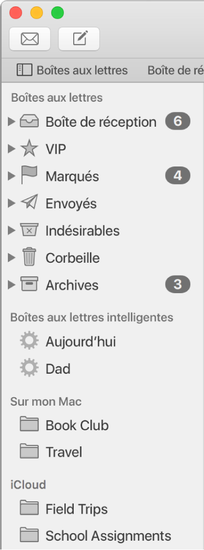 La barre latérale de Mail affiche les boîtes aux lettres standard (telles que Boîte de réception et Brouillons) en haut de la barre latérale et celles créées par vos soins apparaissent dans les sections Sur mon Mac et iCloud.